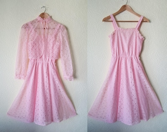 1970s does 1950s pink lace swing dress and bolero set size 10UK