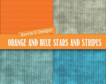 Stars digital paper pack Commercial Use scrapbooking Downloadable pattern, digital patterned paper, blues, orange stars and stripes pack