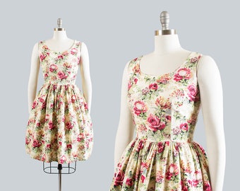 Vintage 1950s Dress | 50s Rose Floral Print Sundress Cotton Full Skirt Romantic Cream Day Dress (small)