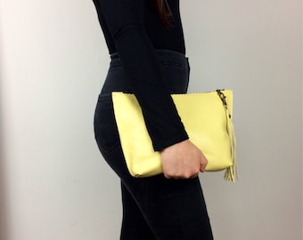 Yellow Clutch Bag, Yellow Leather Pouch, Clutch Bag with Zip
