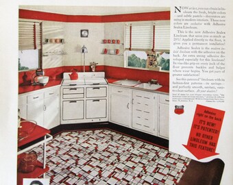 1937 sealex adhesive linoleum retro 1930s red white kitchen decor ge triple thrift refrigerator