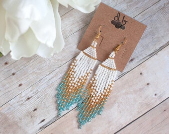Ariel Blue, Beaded Earring, Seed Bead Earring, Ombre Earring, Mermaid Earring, Native American Earring, Tassel Earring, mother's Day gift