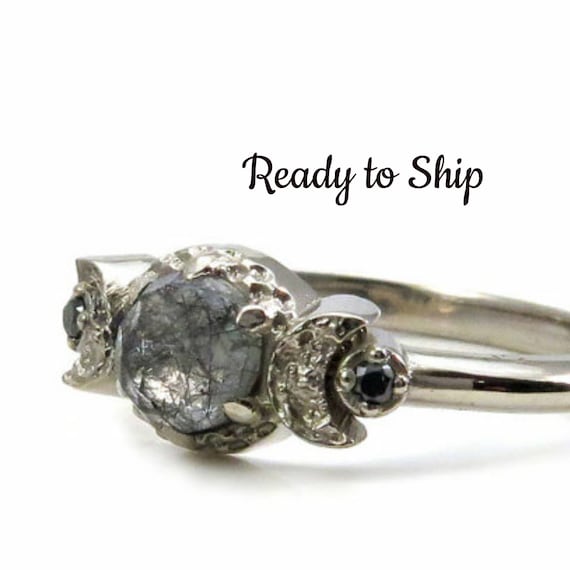 Ready to Ship Size 6 - 8 Black Rutile Quartz Crescent Moon Engagement Ring - 14k Palladium White Gold with Black Diamonds