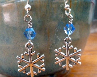 Silver Snowflake Dangle Earrings - Snowflake Earrings - Winter Earrings - Blue Snowflake Earrings - Winter Jewelry - Snowflake Jewelry