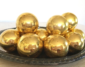gold Christmas ornaments - vintage glass holiday balls - shabby cottage beach chic - hollywood regency - wreath garland tree supply