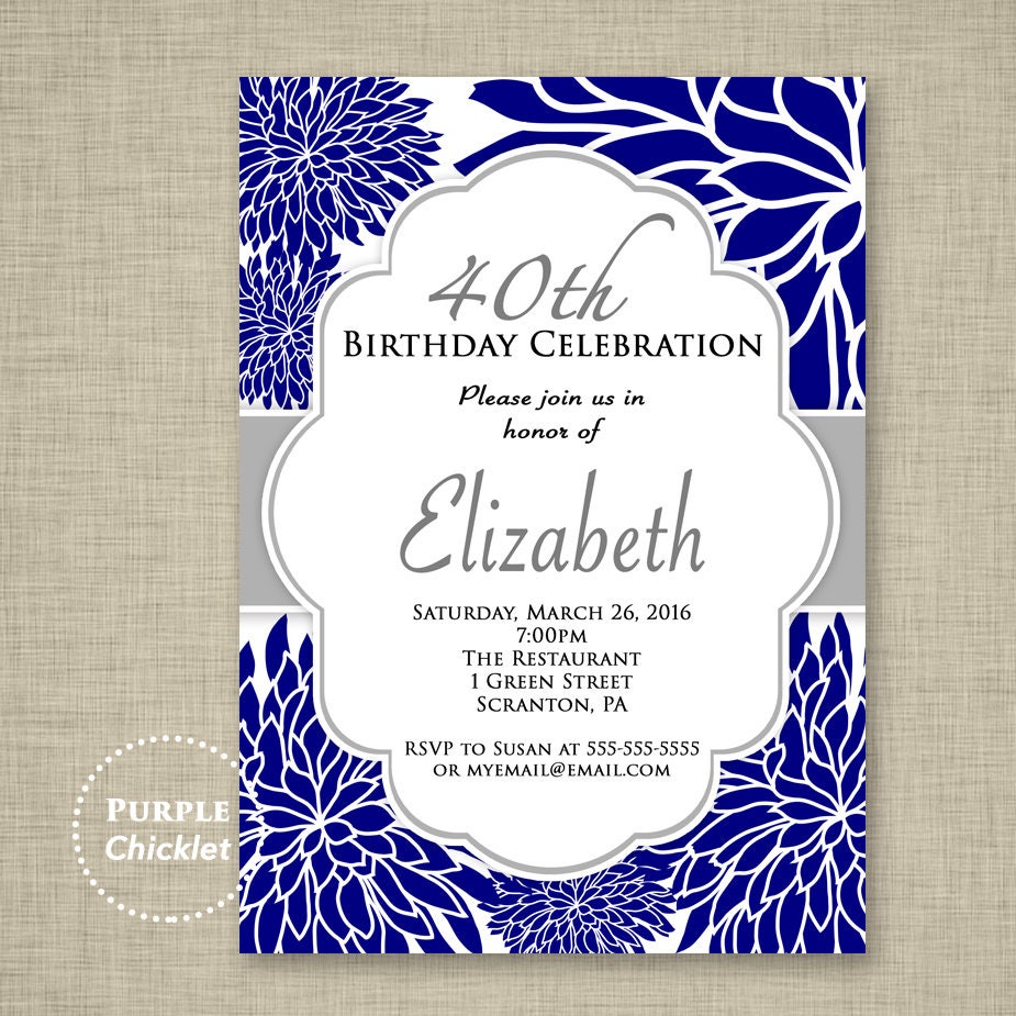navy blue flower invitation any age 40th 60th 80th birthday blue birthday invitations