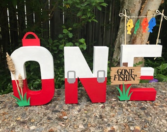 Fishing theme paper mache ONE letters , the big one , photo props