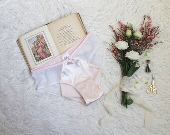 Pink Satin Gardenia Hipster Panties with White Polka Dot Mesh Handmade Feminine Lingerie