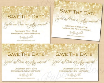 white gold sparkles save the dates 55x425 text editable