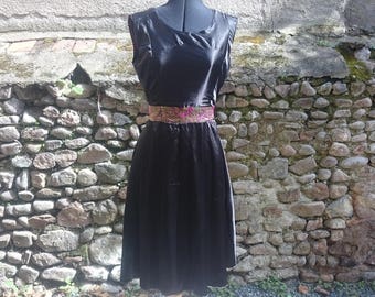 Little black dress, black dress, satin dress, black satin dress, dress fit and flare, satin, black, Golden, jacquard belt ideal holiday