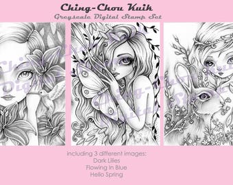 Hello Natural Set -Greyscale Grayscale Digital Stamp - PRINTABLE Instant Download / Girl Fantasy Art by Ching-Chou Kuik