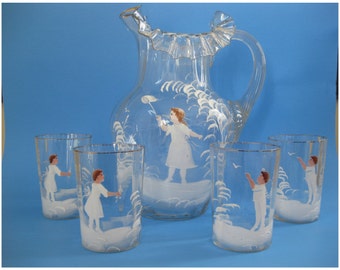 Vintage Mary Gregory Lemonade Pitcher and 4 Glasses