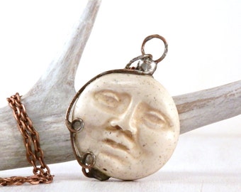 Boho moon necklace - rustic moon pendant - man in the moon - gypsy jewelry - celestial necklace - soldered copper - clay moon necklace