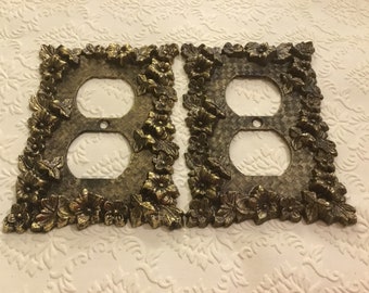 2 Vintage 1960's decorative "charm-n-style" brass floral outlet covers, plug plates, electrical plate cover