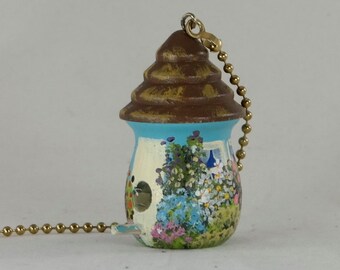 Light / Fan Pull Hand Painted Blue and White with Lots of Flowers