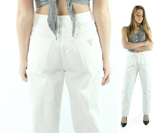 80s High Waisted Guess Jeans White Denim Tapered Legs Vintage 1980s W28 Medium M Retro