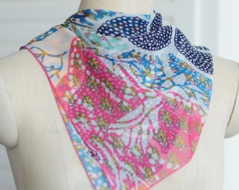 Pink & Blue Trim Print Silk Neck Scarf