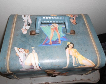 Blue Train Case w/Pinup Images/Decoupaged Overnight Case/50's Pin Up Girls