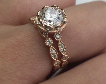 Art Deco Miligrain 14K Rose Gold 6.5mm FB Moissanite Diamond Wedding Ring Set