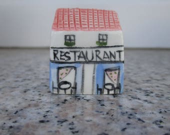 Tiny French Restaurant,Small Pottery House,Fairy Garden House,Tiny Village,Cute terrarium house,Fairy house,Tiny House,Miniature House,Blue