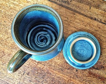 Pottery Mug, Handmade With Lid, Blue and Brown Mug with Lid, hebal tea steeping mug