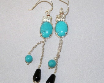 Robins Egg Blue Turquoise and Onyx Shoulder Duster Earrings
