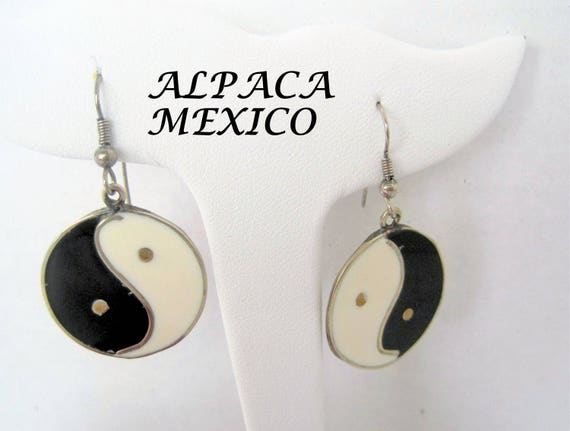 Ying Yang Alpaca Earrings, Signed Mexico Alpaca, Dangle Inlaid Enamel