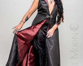 NEW: The Metallic Black "DragonSkin" REVERSIBLE to Red Opera Vest Hooded Long Dress by Opal Moon Designs (Size S-XL)