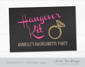 Hangover Kit Printable Label: 3"x4" or 4"x6" (INSTANT DOWNLOAD!) Bachelorette Hangover Kit Label, Black, Gold, Pink & Glitter