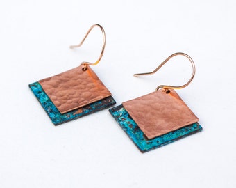 Copper / Blue Earrings - Copper and Blue Earrings - Copper and Patina Earrings - Copper & Blue Earrings - Forged Copper and Blue Patina