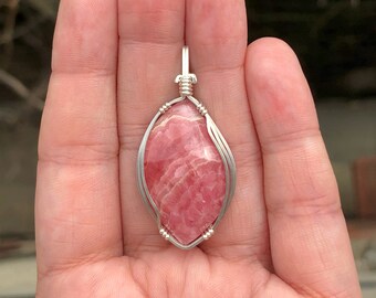 Rhodochrosite pendant, Wire wrapped pendant, Sterling silver, Rhodochrosite necklace, Rhodochrosite jewelry