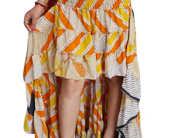 Bohemian Womens Hi Low Skirt Printed Recycled Silk Sari Flare Tiered Ruffle Flirty Gypsy Skirts