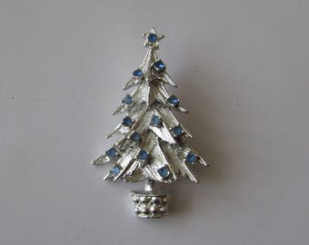 Vintage Christmas Tree Pin Blue Rhinestone Silver Holiday Brooch