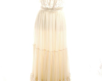 1970s Gunne Sax Pale Yellow Ruffle Boho Bohemian Ruffle Off the Shoulder Prairie Maxi Long Dress Small Medium