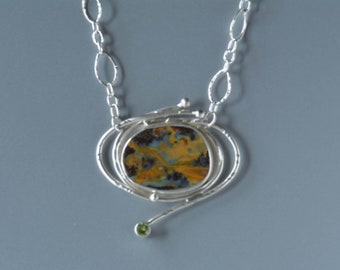 Australian Opal Necklace in Silver, Boulder Opal Statement Necklace, Metalwork Necklace, Yellow, Earth Tone Natural Opal Necklace-SALE