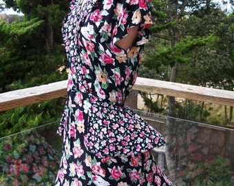 Floral Dress, Black Floral dress, 80s maxi, Peplum dress, 80s floral dress, size S