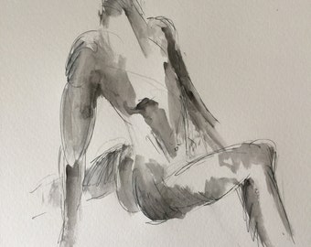 Original Pen and Ink drawing with watercolor wash "Look Away"