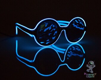 Neon Blue Trippy Kaleidoscope Glow Glasses Perfect for Raves, Festivals, and Light Shows EDC Kandi Perlers Rave Gear