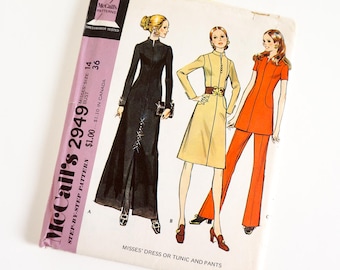 Vintage 1970s Womens Size 14 Dress or Tunic and Pants McCalls Sewing Pattern 2949 FACTORY Folds / b36 w27