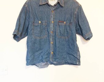 Denim Shirt Vintage Short Sleeve Denim Button Up Shirt Men's Denim Shirt Women's Oversize Denim Blouse Short Sleeve Chambray Shirt Vintage