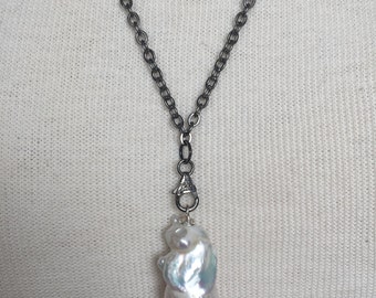 Oxidized Sterling Silver Chain with Pave Diamond Clasp and Large White Freshwater Baroque Pearl Necklace.