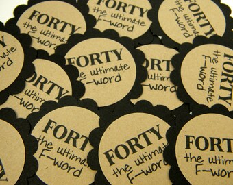 40th Birthday Favor Tags, Scalloped Embellishments for DIY Cupcake Toppers, Forty, Black, Kraft Brown or Your Colors, Set of 12