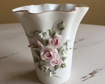 Vintage Lefton Porcelain Vase with Applied Flowers