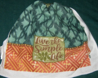 Crochet hanging towel, "Live The Simple Life", sage top