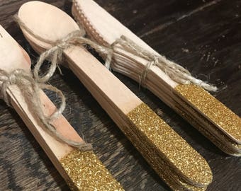 Hand Painted Gold, Orange or Black Glitter Birch Wood Fork, Knife, Spoon - Set of 16