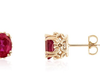 14K Yellow Gold Ruby Earrings - Genuine Red Ruby Gemstone Studs 7 x 5 Oval - 14K Scroll Detail Settings - July Birthstone Jewelry