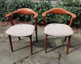 Pair of Danish Solid Teak Arm Chairs rare mid century modern new fabric wegner