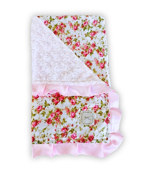 CHARLOTTE BABY BLANKET / Roses satin with pink minky swirl and