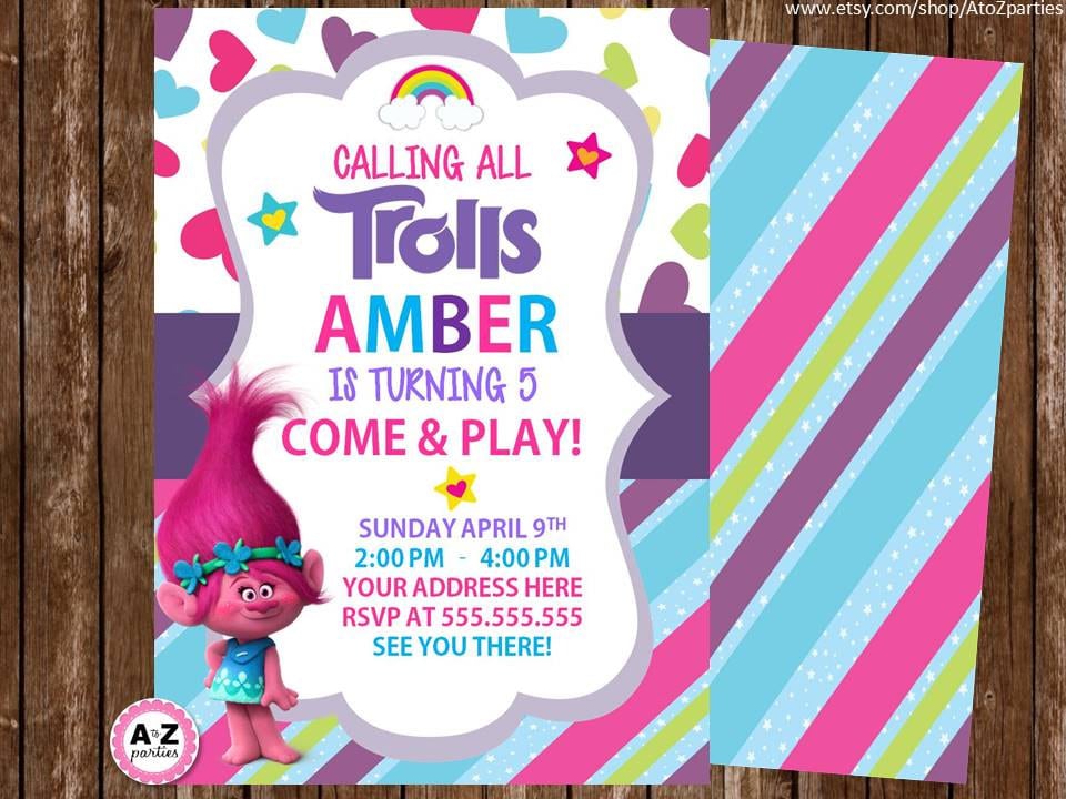 This is a graphic of Accomplished Trolls Birthday Invitations Printable This is a photo of Accomplished Trolls Birthday Invitations Printable