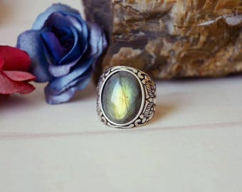 Labradorite Stone Ring,Unique Mens Crystals Ring,Lake Green,Sterling Silver Ring,Adjustable Size,Gift For Men LR80118162